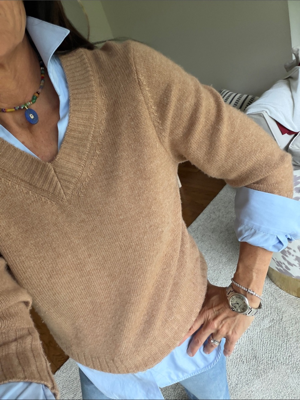 Brochu Walker Camel Sweater with Light Blue Lining Collar Shirt - Picture 3 of 9